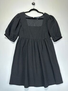 ModCloth Black Micro Dot Babydoll Dress Square Neck Puff Sleeve Feminine Size 10